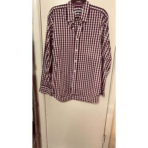 J. McLaughlin Purple and white Check Button Down Mens Top Shirt SZ L - Picture 3 of 9